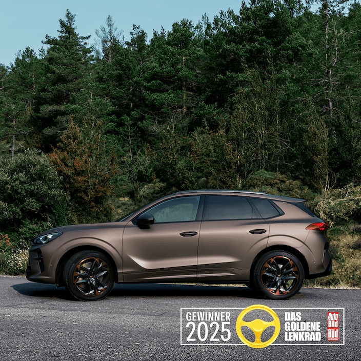Seitenansicht des CUPRA Terramar in Mattbronze geparkt vor einem Wald.