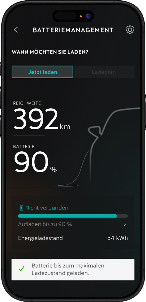 Smartphone-Display zeigt CUPRA Batteriemanagement mit aktueller Reichweite, Ladefortschritt und Auswahl 'Charge now'.