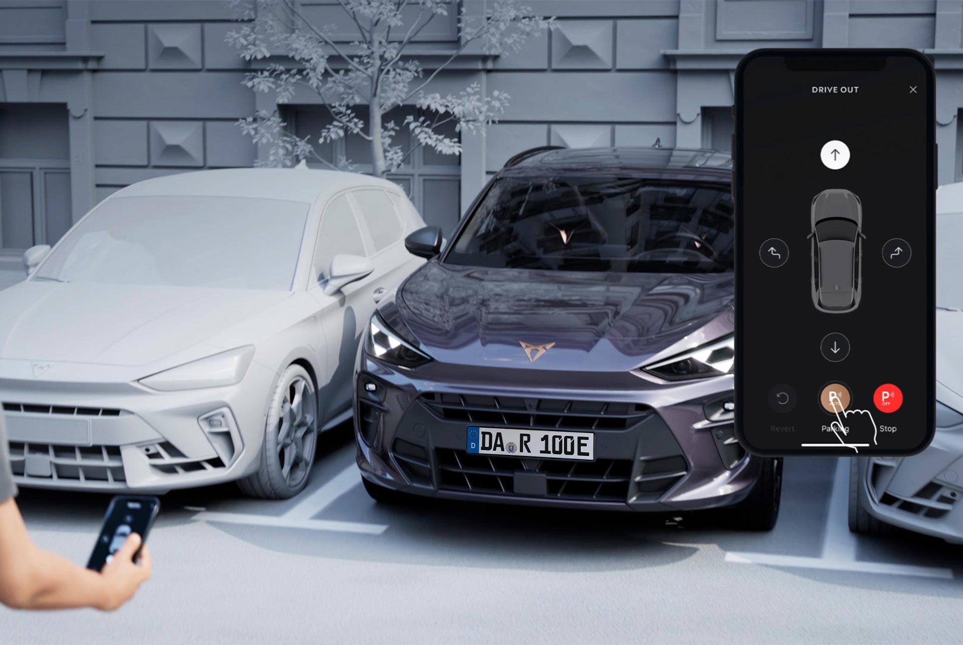 Abbildung der Fernparkhilfe im CUPRA Terramar, die die fortschrittliche Parktechnologie veranschaulicht, die das Manövrieren per Smartphone ermöglicht und so für mehr Komfort und Innovation sorgt