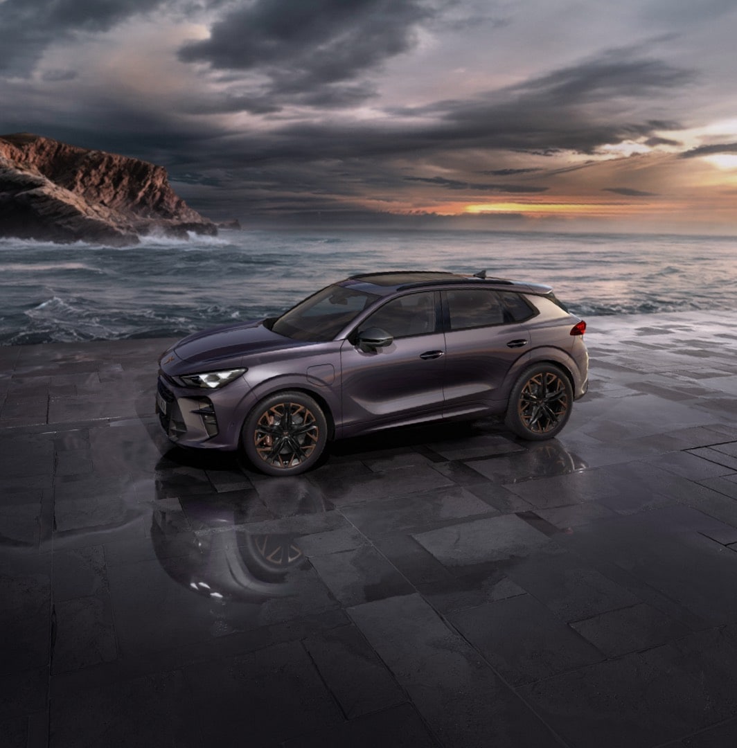 SUV híbrido enchufable CUPRA Terramar e-HYBRID color gris estacionado frente al mar con iluminación natural.
