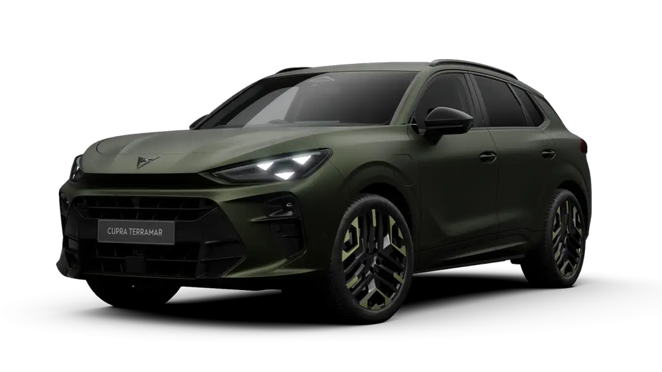 Vue avant latérale du nouveau CUPRA Terramar VZ en Gris Timanfaya, équipé de jantes 20".