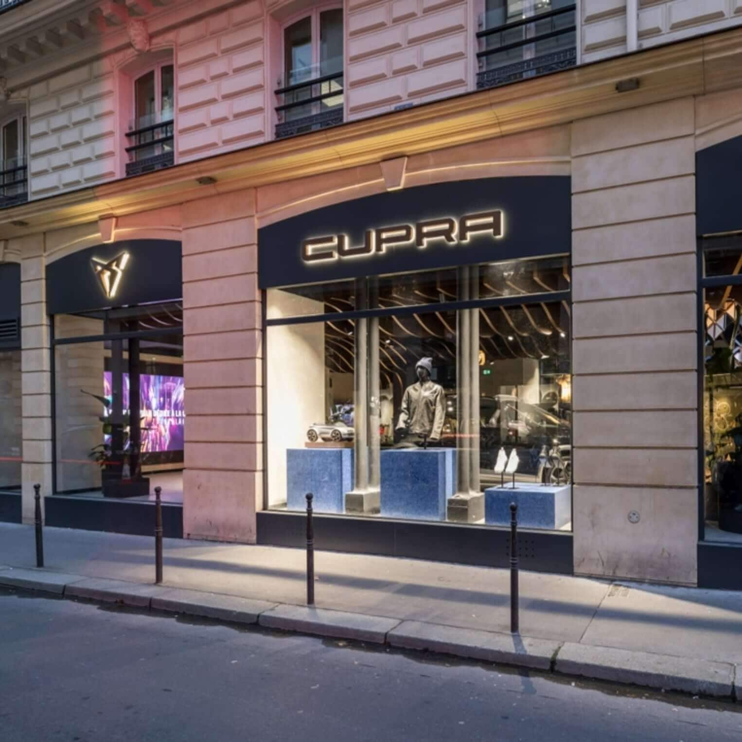 Exterior of new Paris City garage at night