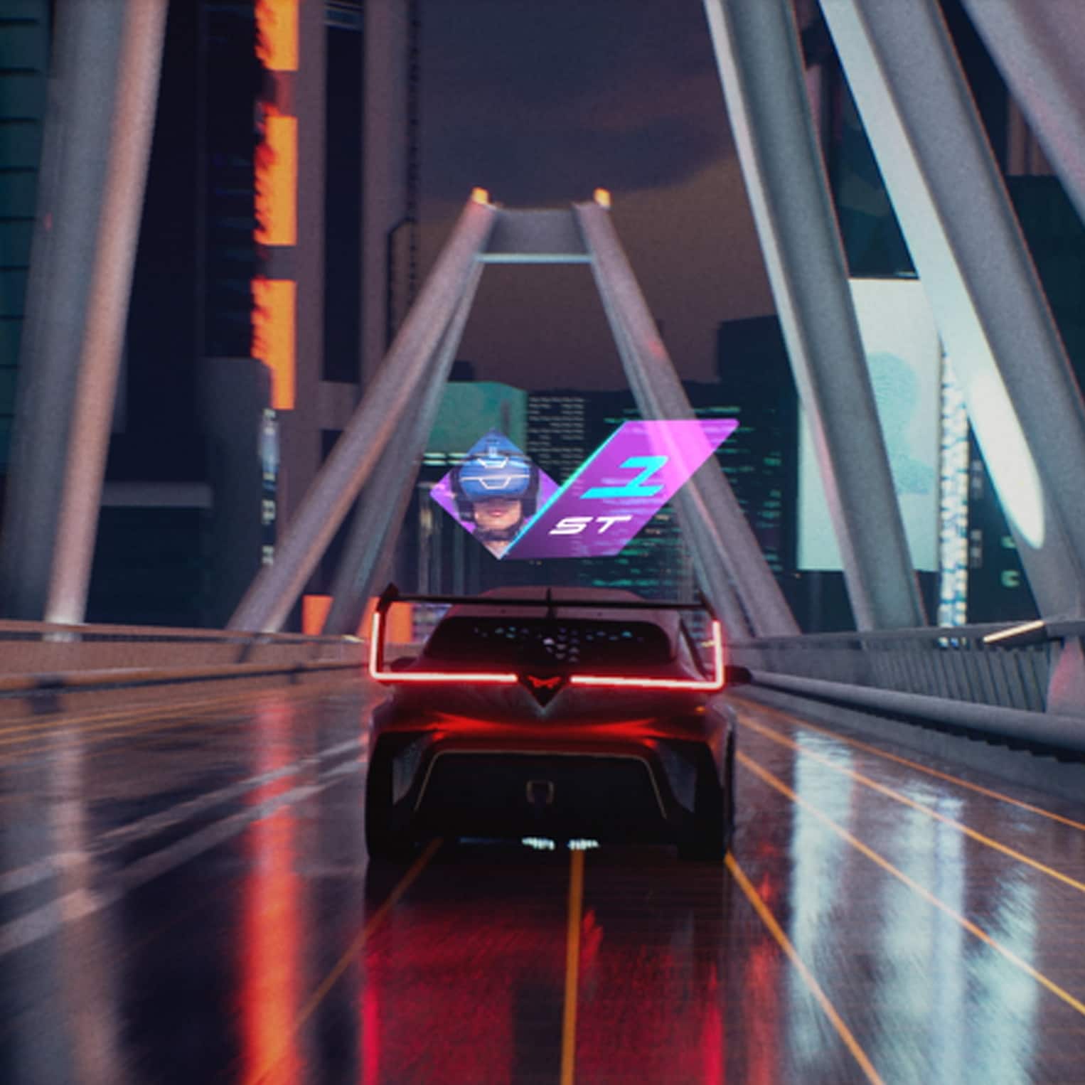 Rear shot of the CUPRA Raval driving on a road at night