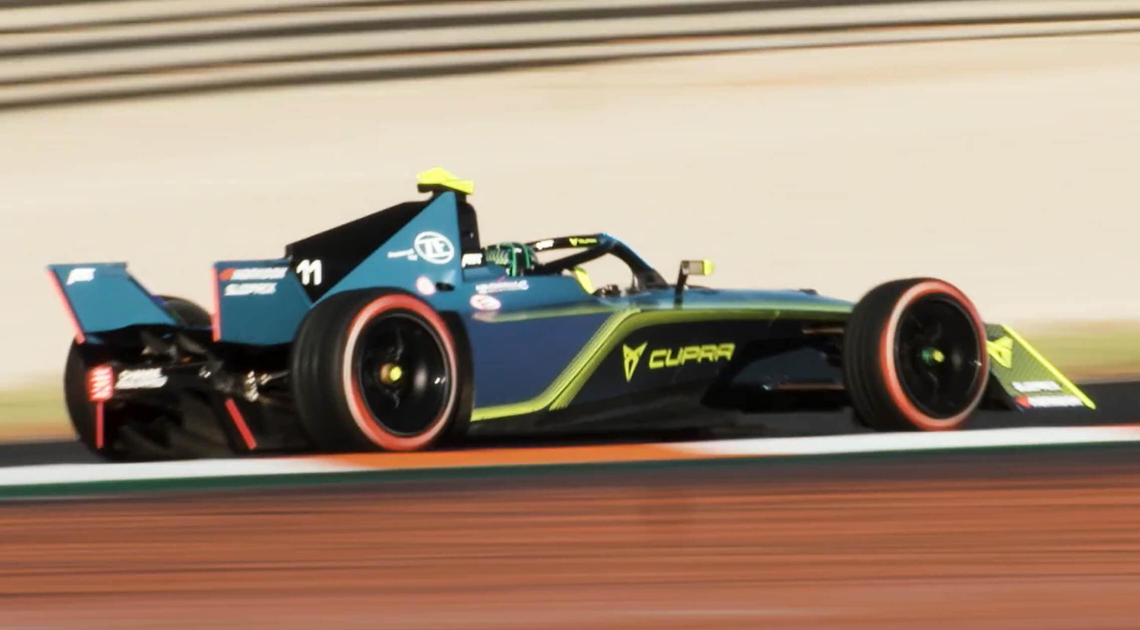 The CUPRA Formula E speeding along a racetrack