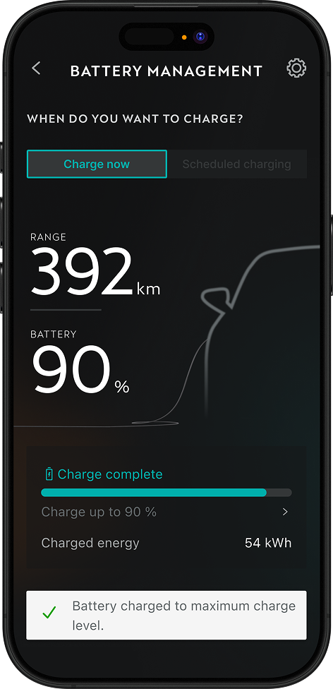 My CUPRA app battery management screen displaying a 90 percent battery charge level, 392 kilometres of range, and active charging status.