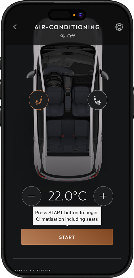 My CUPRA app air-conditioning screen showing a top-down view of a car with temperature controls set to 22 degrees and a start climatisation button.