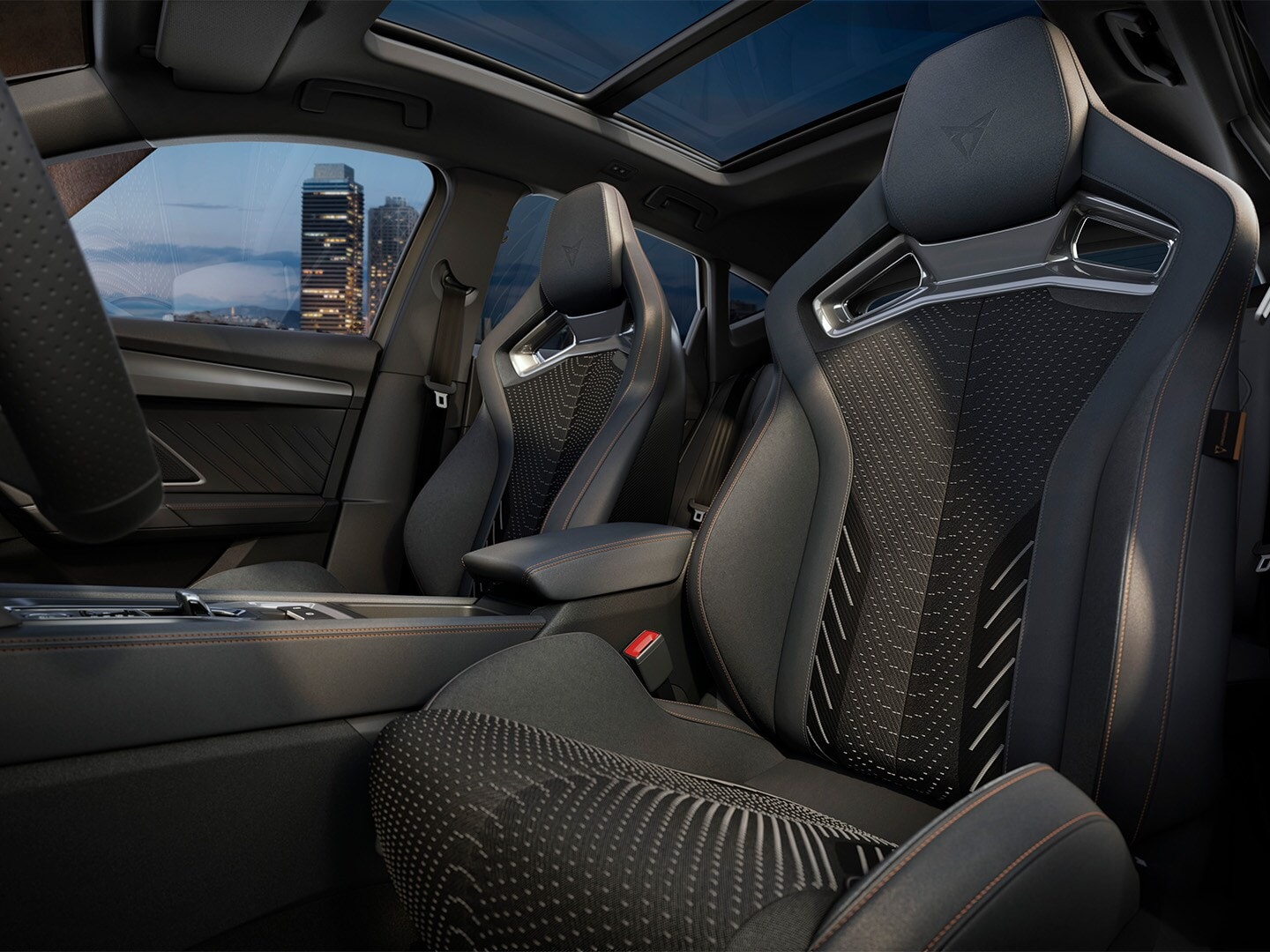 CUPRA Formentor 2026 extreme interior design, cockpit and drivers' area, performance brakes, CUP bucket seats and dark chrome interior mouldings. Includes intelligent drive, pure performance and Sennheiser AMBEO Immersive Sound System upgrades.