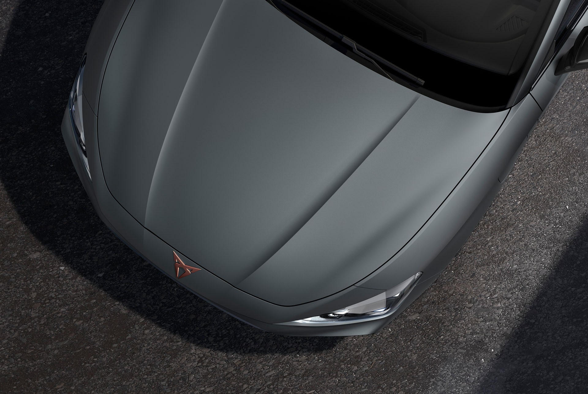 Bird’s eye view of an Enceladus Grey matt CUPRA Leon car hood