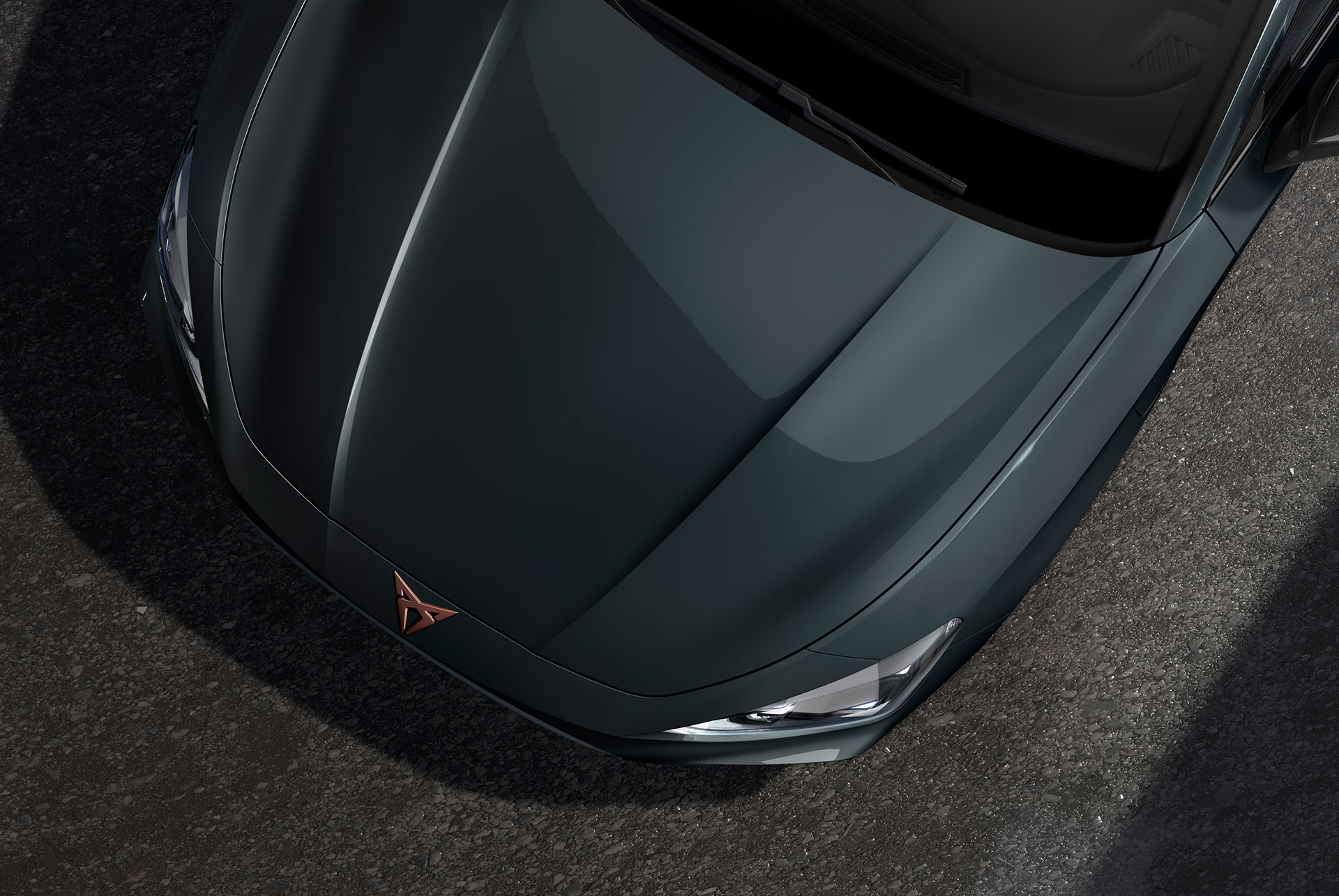 Bird’s eye view of a Fiord Blue CUPRA Leon car hood