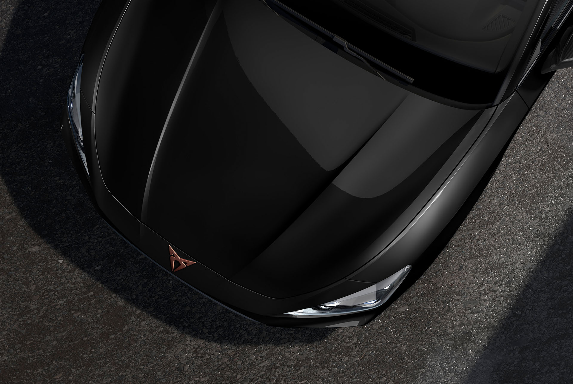 Bird’s eye view of a Midnight Black CUPRA Leon car hood