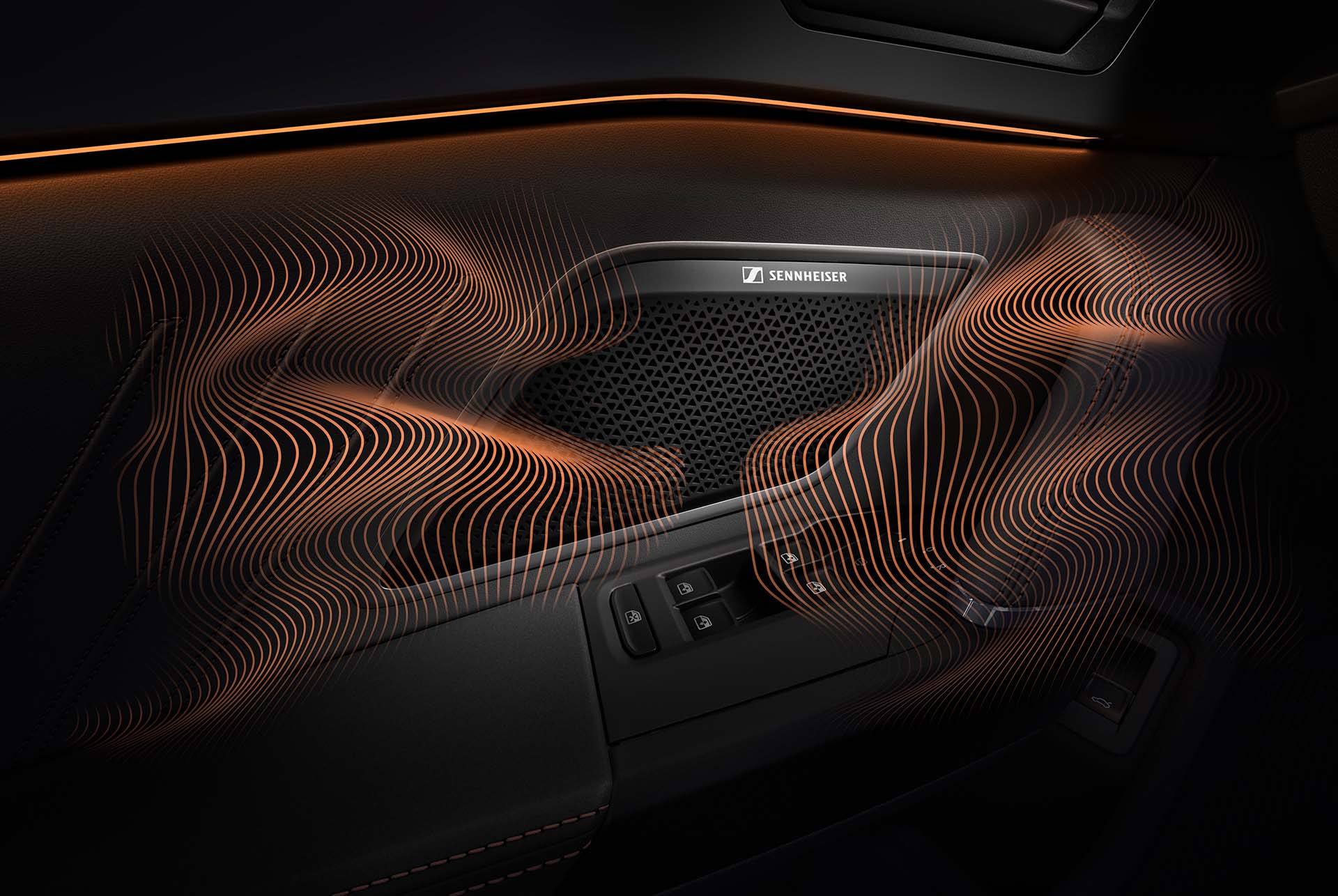 CUPRA Leon phev car technology,  immersive by sennheiser equipment. close up of Sennheiser speaker on CUPRA Leon door panel, sound waves and ambient lighting.