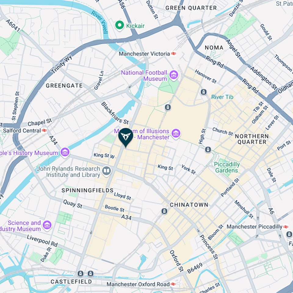 Map of Manchester with a pin drop of the CUPRA Garage location