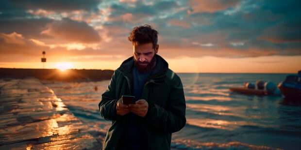 a man on his phone next to the sea with the sun setting in the background