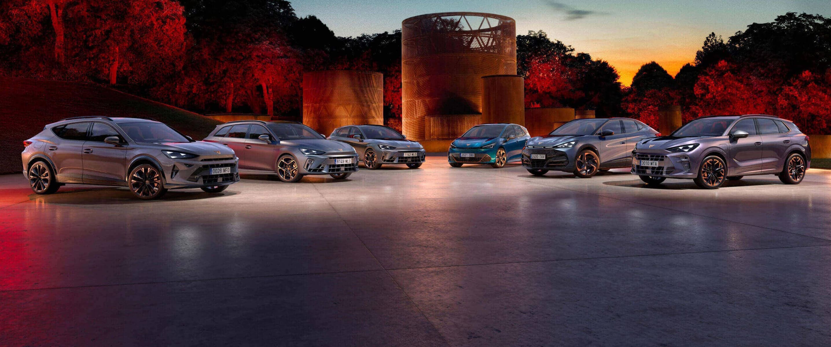 The full line up of CUPRA models including Born, Tavascan, Formentor, Terramar, Leon, Leon Estate and Ateca