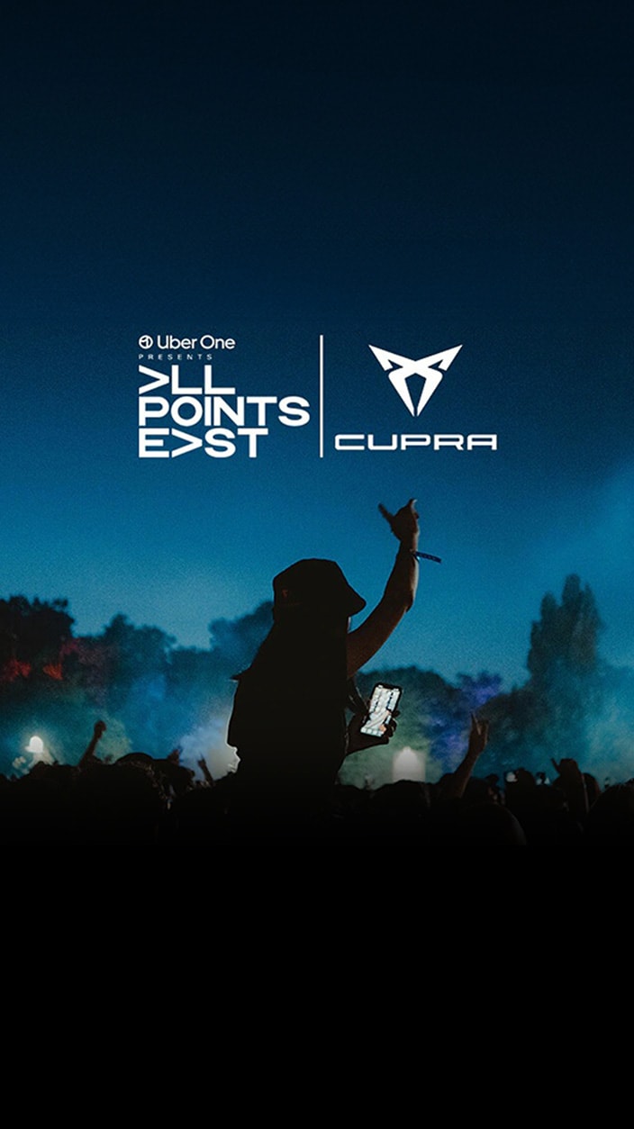 All Points East logo and the CUPRA logo with a crowd holding their hands up at the music festival