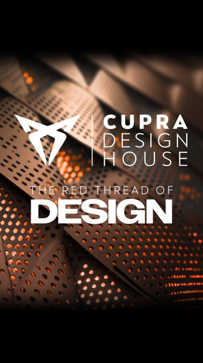 Close up of black leather interior with red thread. Text reads: CUPRA DESIGN HOUSE