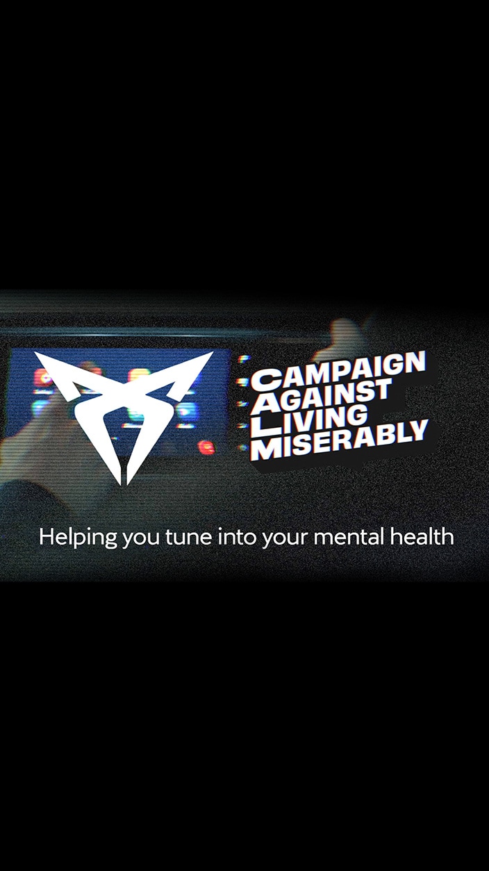 CUPRA logo and CALM (Campaign Against Living Miserably) logo. Additional text reads: Helping you tune into your mental health