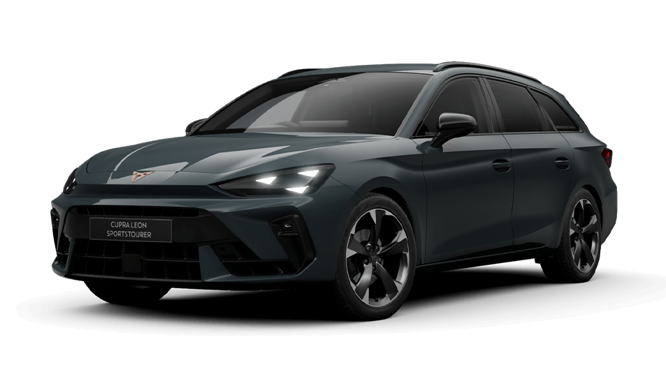 A grey CUPRA Leon Estate V1 on a white background