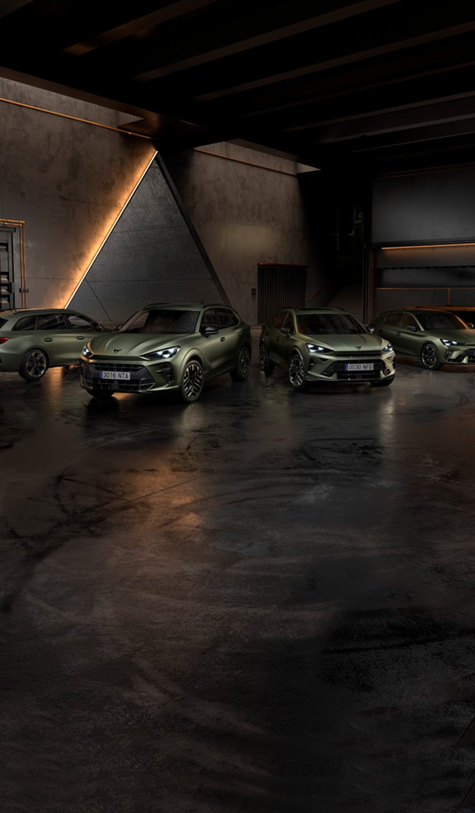 Dark grey CUPRA Formentor parked under modern concrete architecture with water reflection and a city skyline at dusk.