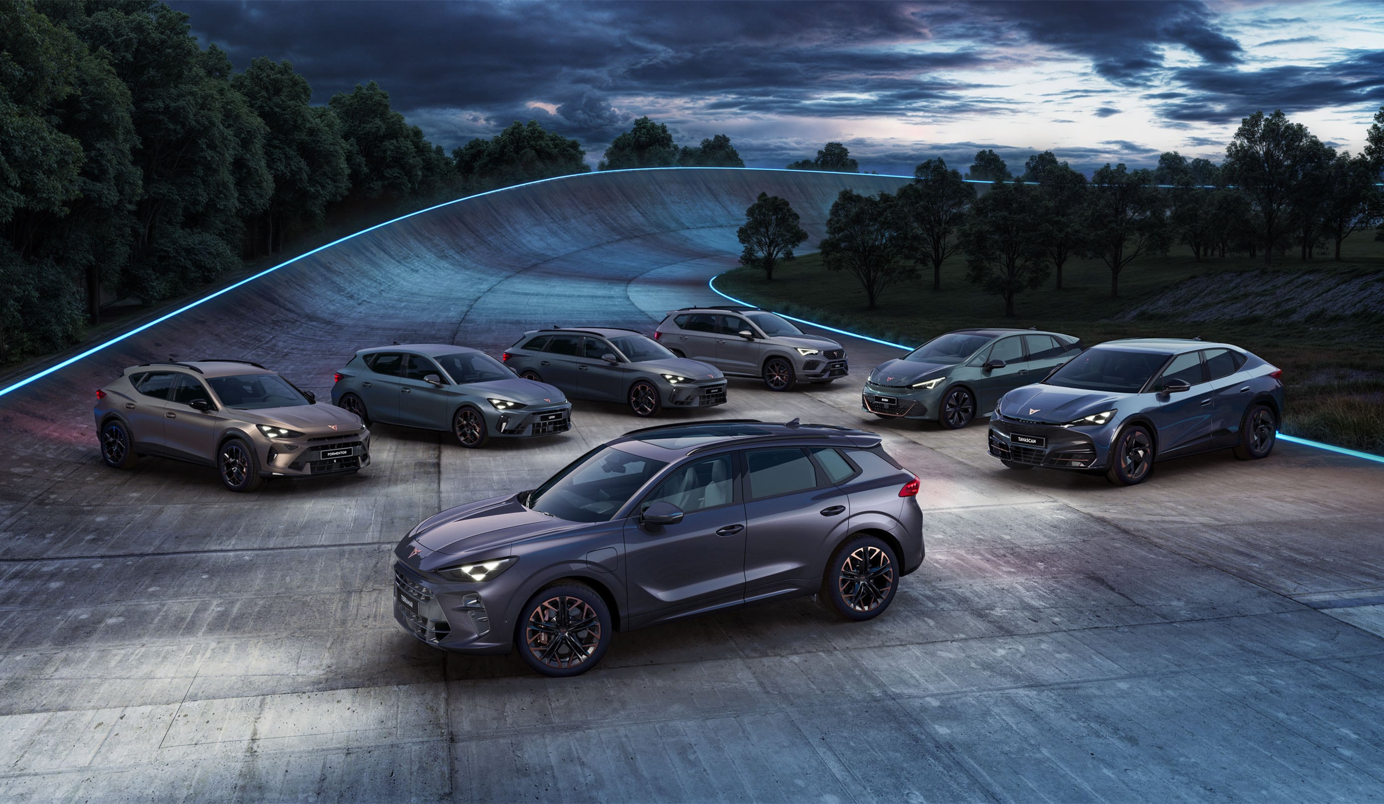 3/4 angle of the cupra black edition models in a dark, urban environment.