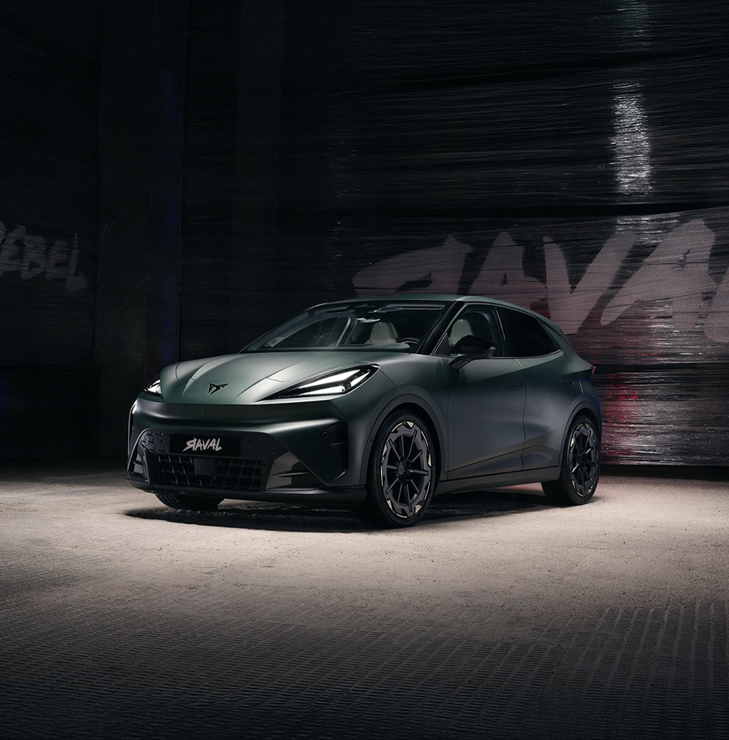 CUPRA Raval VZ electric car in matte green, front three-quarter studio shot with Raval-branded livery