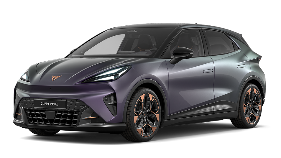 CUPRA Raval VZ version in plasma, combined with a Manhattan grey roof and 19-inch vandal copper alloy wheels.