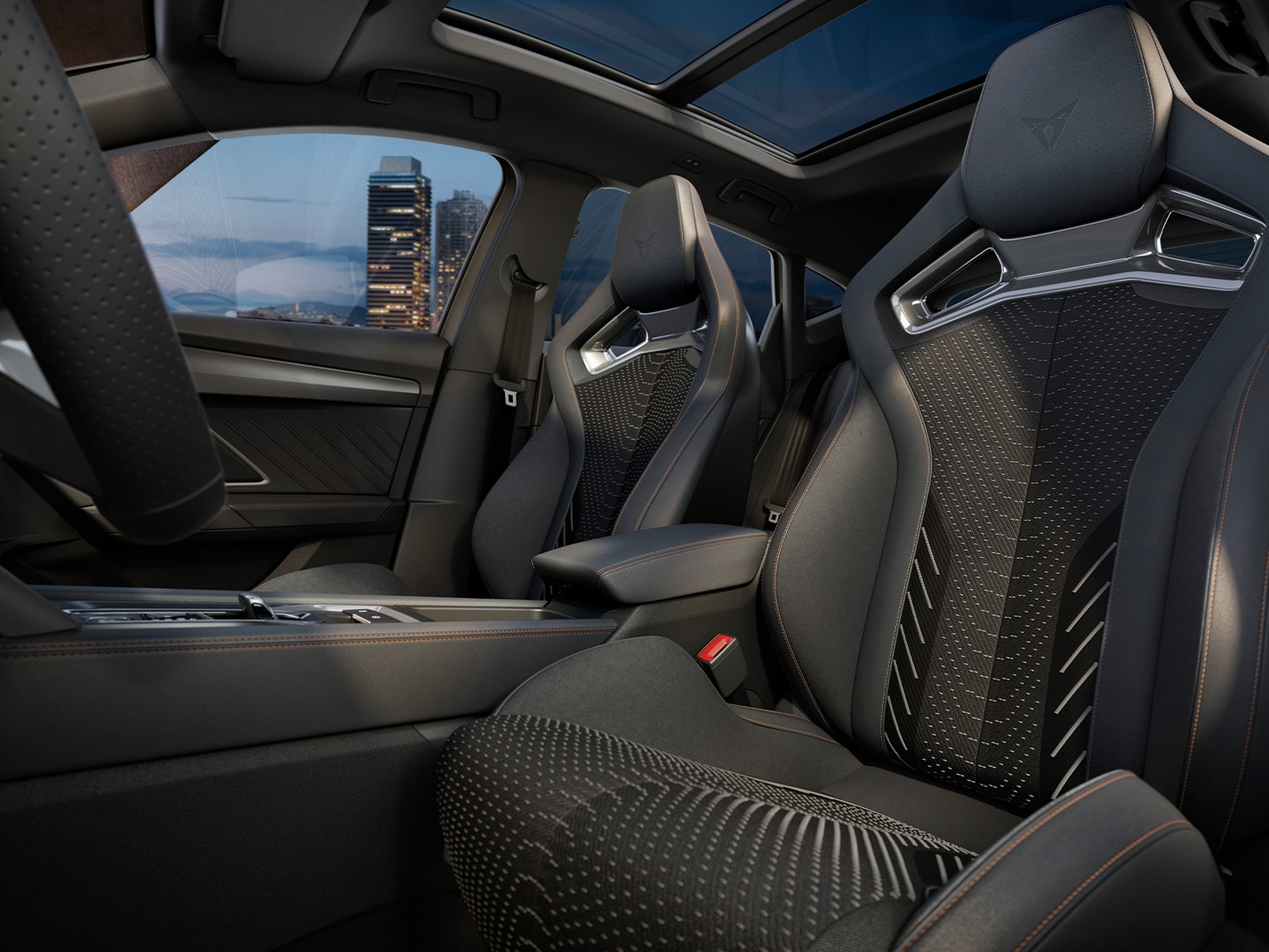 Close up of the CUPRA Formentor’s front seats showing the upholstery details and design lines from the Extreme Pack.