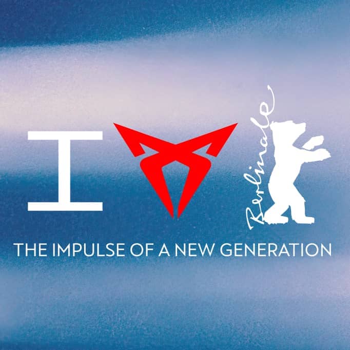 Cupra logo and berlinale bear logo with slogan against a gradient blue background, representing the collaboration for berlin international film festival.