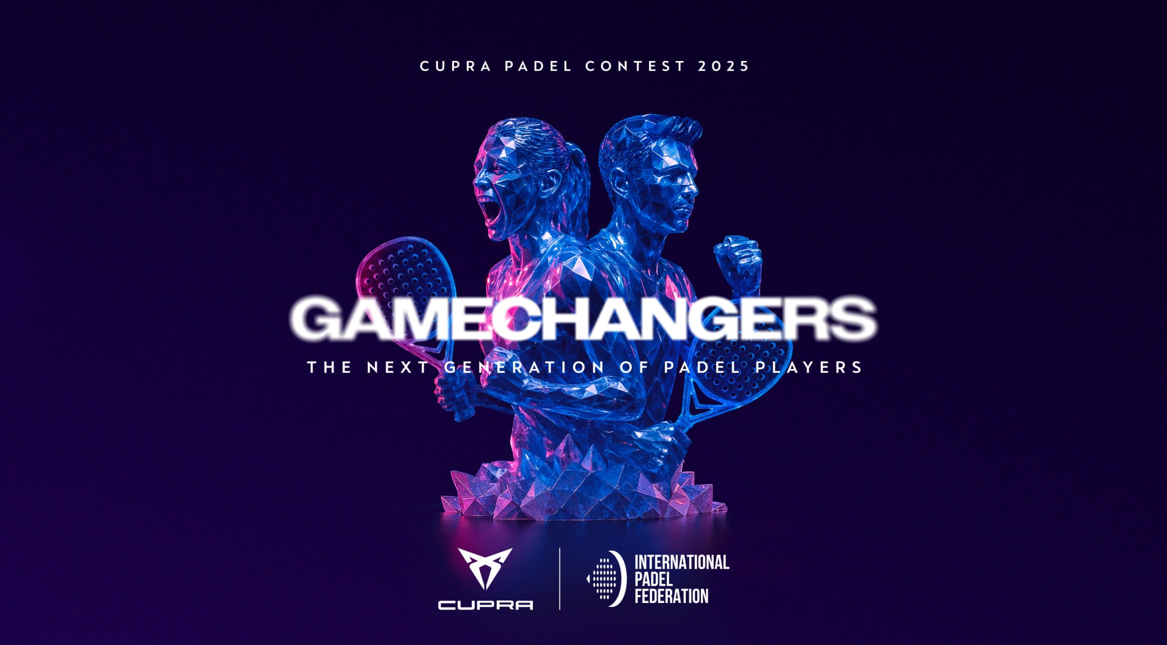 Silhouettes of padel players standing back-to-back with rackets, in a stylised digital artwork with blue and pink lighting