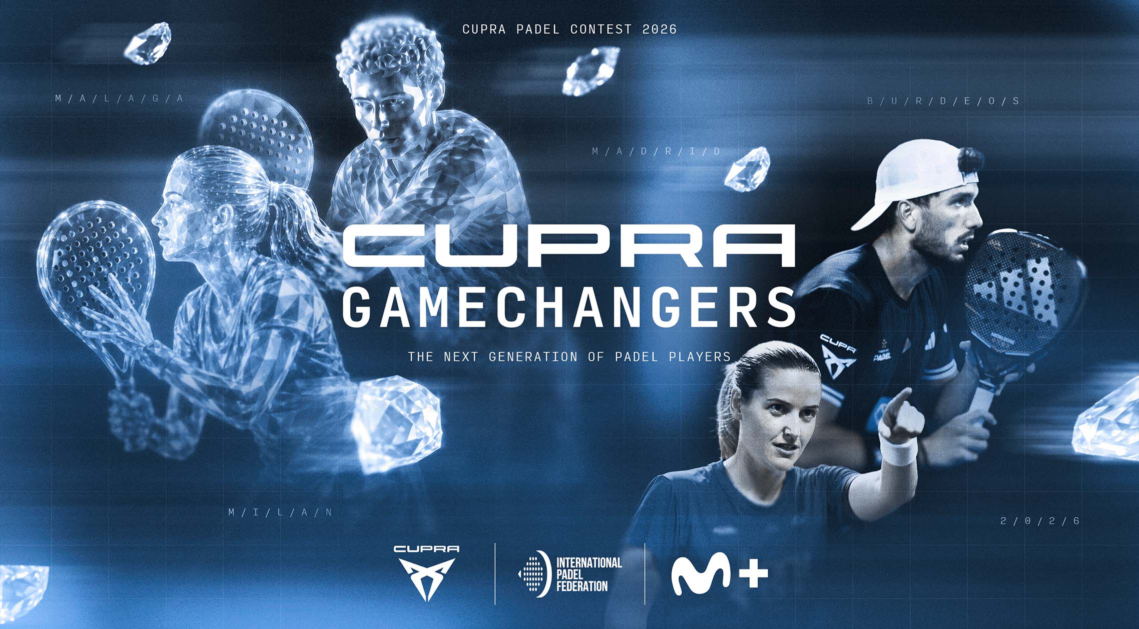 A promotional poster in blue tones for "CUPRA GAMECHANGERS: The Next Generation of Padel Players," featuring four padel players in action surrounded by floating diamonds and crystalline textures. The image includes logos for CUPRA, the International Padel Federation, and Movistar+.