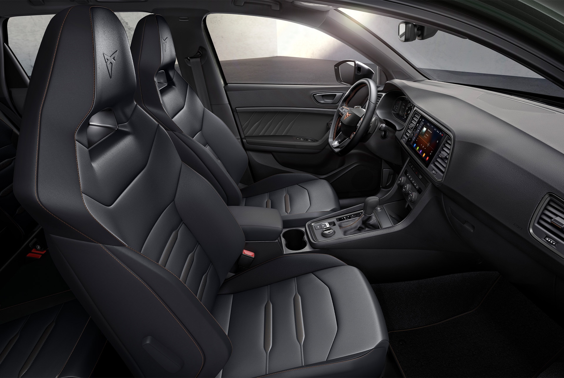 Interior view of the CUPRA Ateca with genuine Black Leather sporty Bucket seats, offering a polished and sophisticated look to enhance your driving experience.