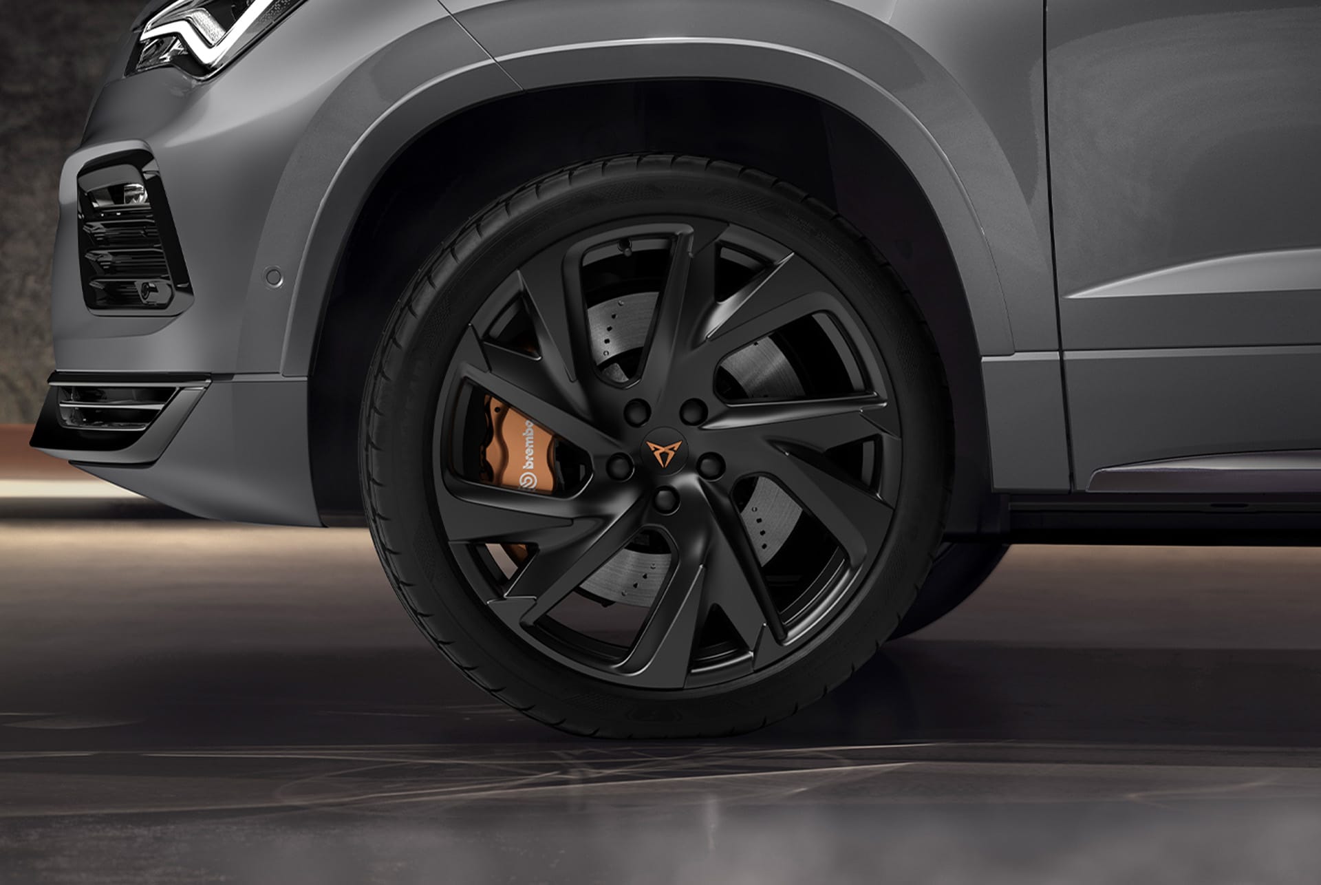 Close-up of the CUPRA Ateca's performance brakes featuring Brembo calipers, providing award-winning stopping power. 