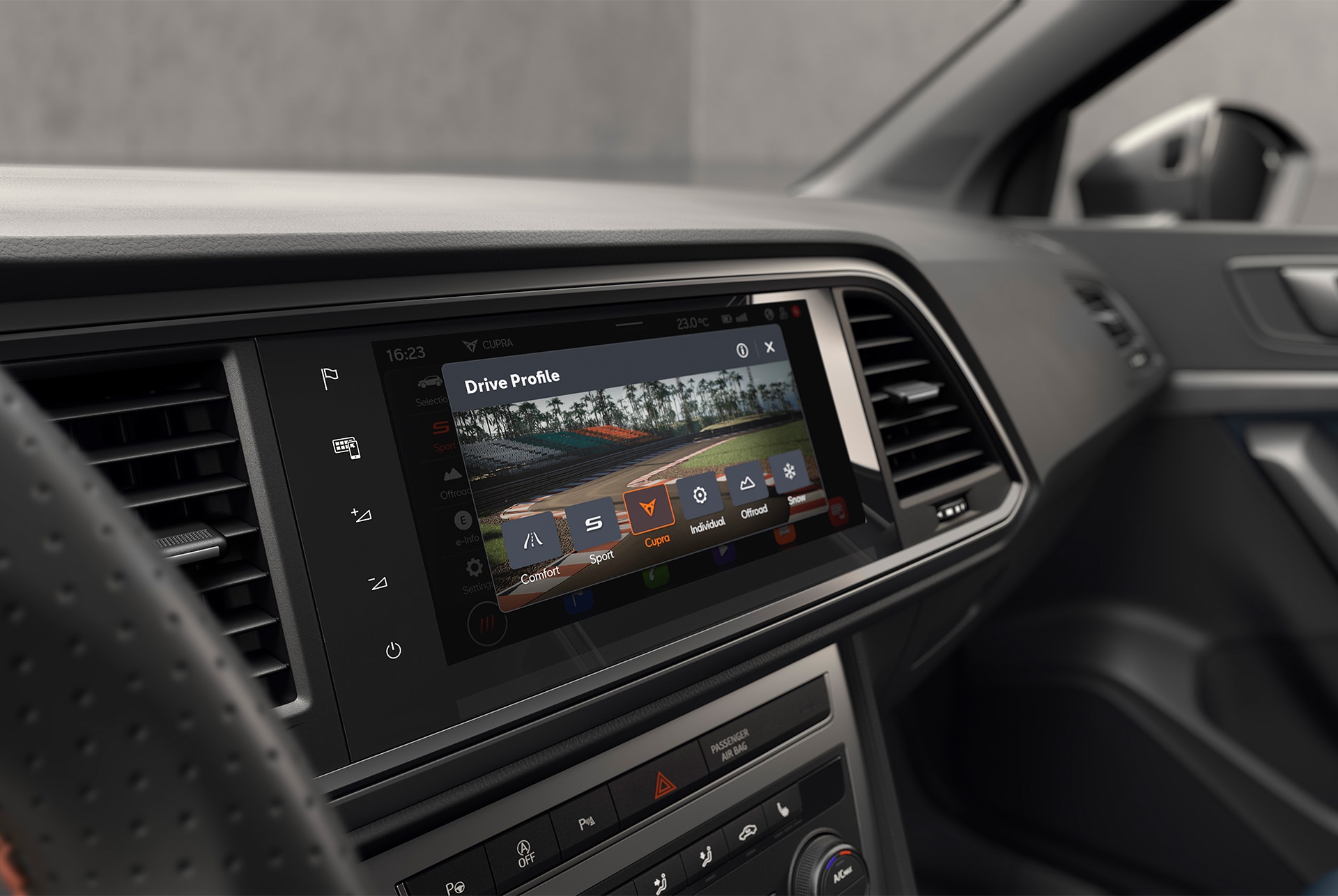 The CUPRA Ateca dashboard screen displaying DCC with Driving Profile settings. Harness race-level command with CUPRA Drive mode for full power performance.