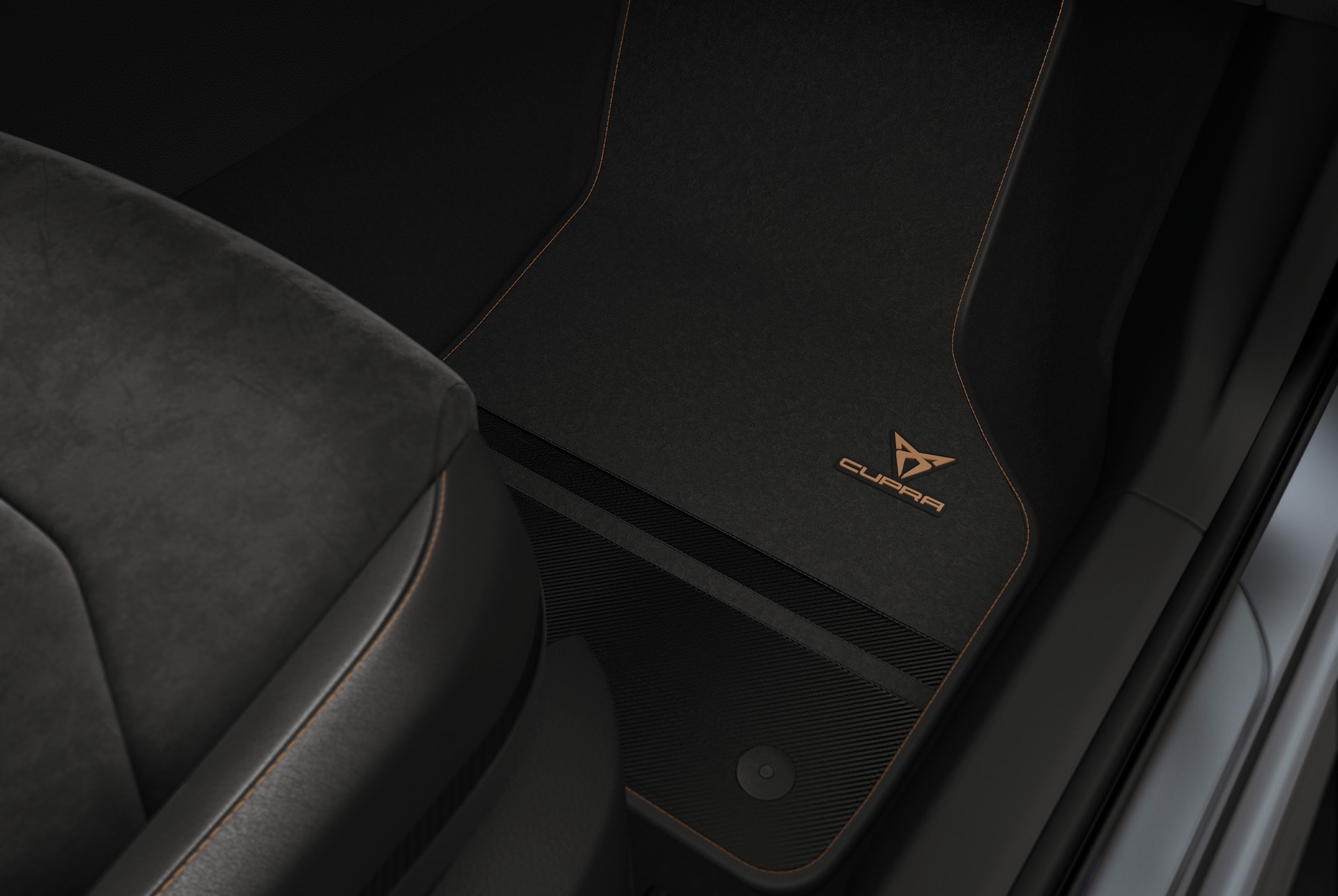 CUPRA Ateca featuring a carbon fibre premium branded floor mat, offering added protection to the car floor with uncompromised style.