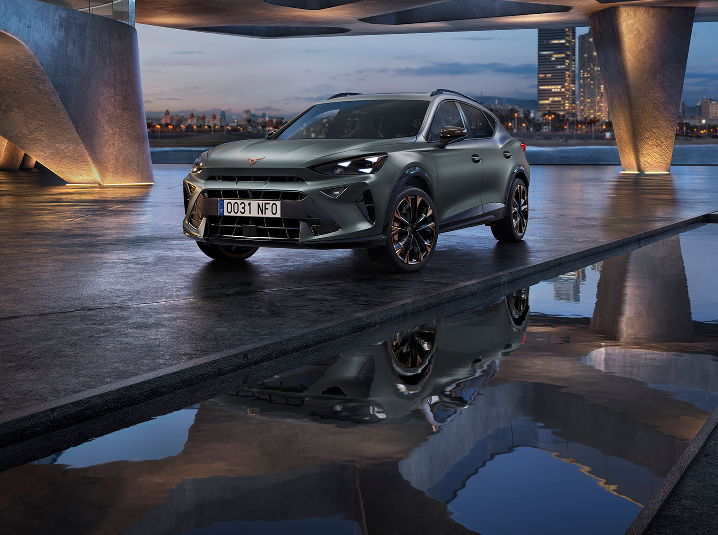 Hero-angle ¾ view of a CUPRA Formentor parked inside an open-structure building with the city skyline in the background.