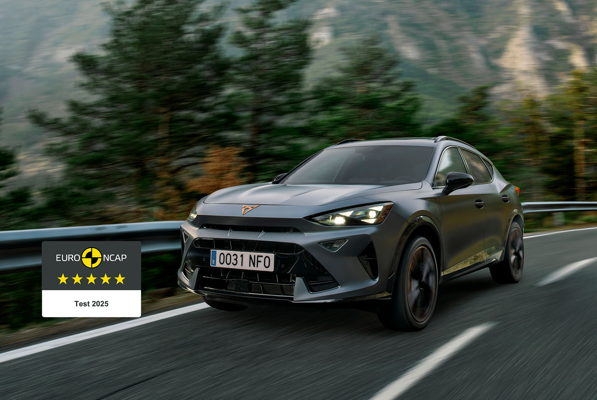 3/4 front view of the CUPRA Formentor in Matte Grey driving on a road. The car received a 5-star Euro NCAP safety rating.
