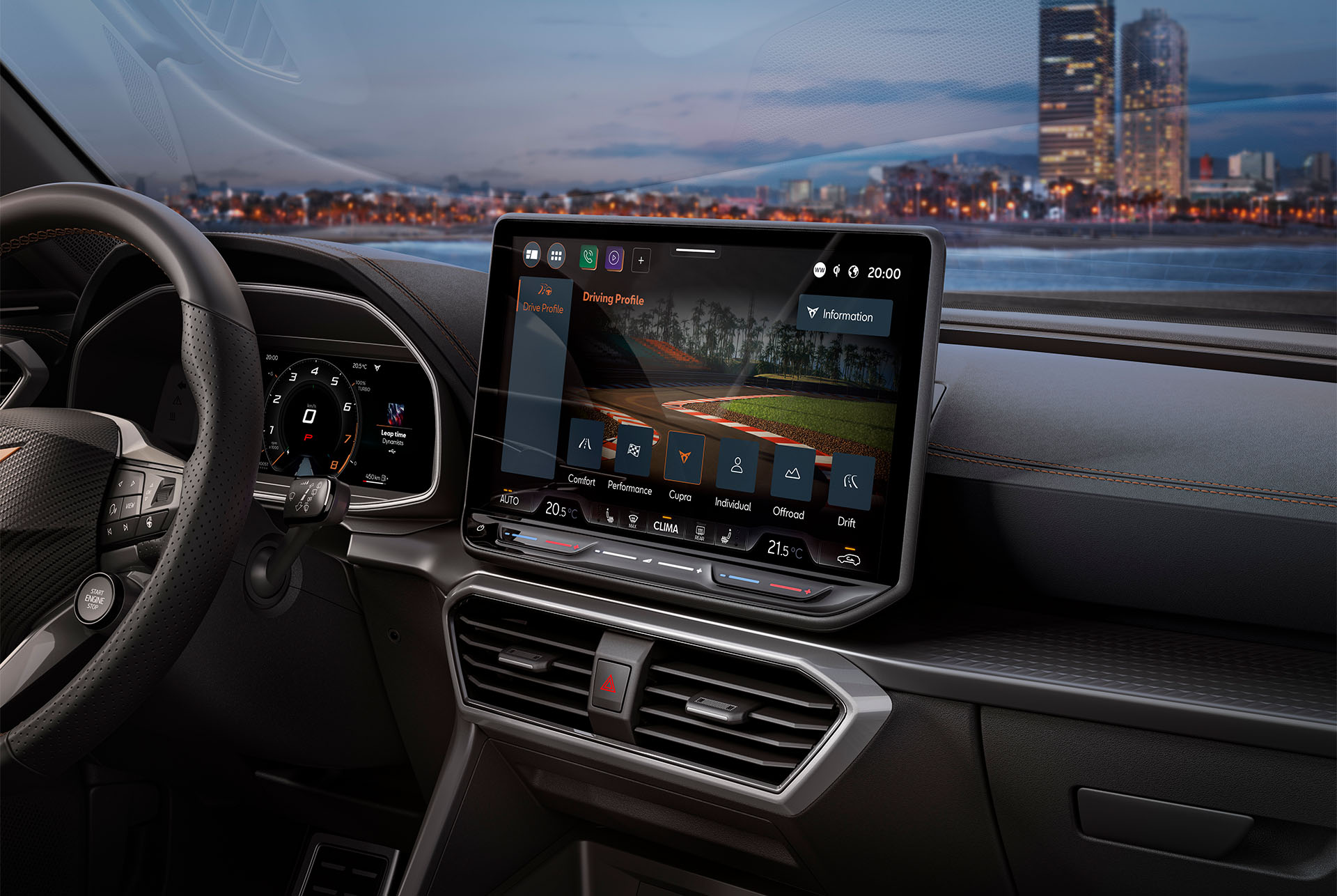 Dashboard view of new CUPRA Formentor 2025 and skyline.