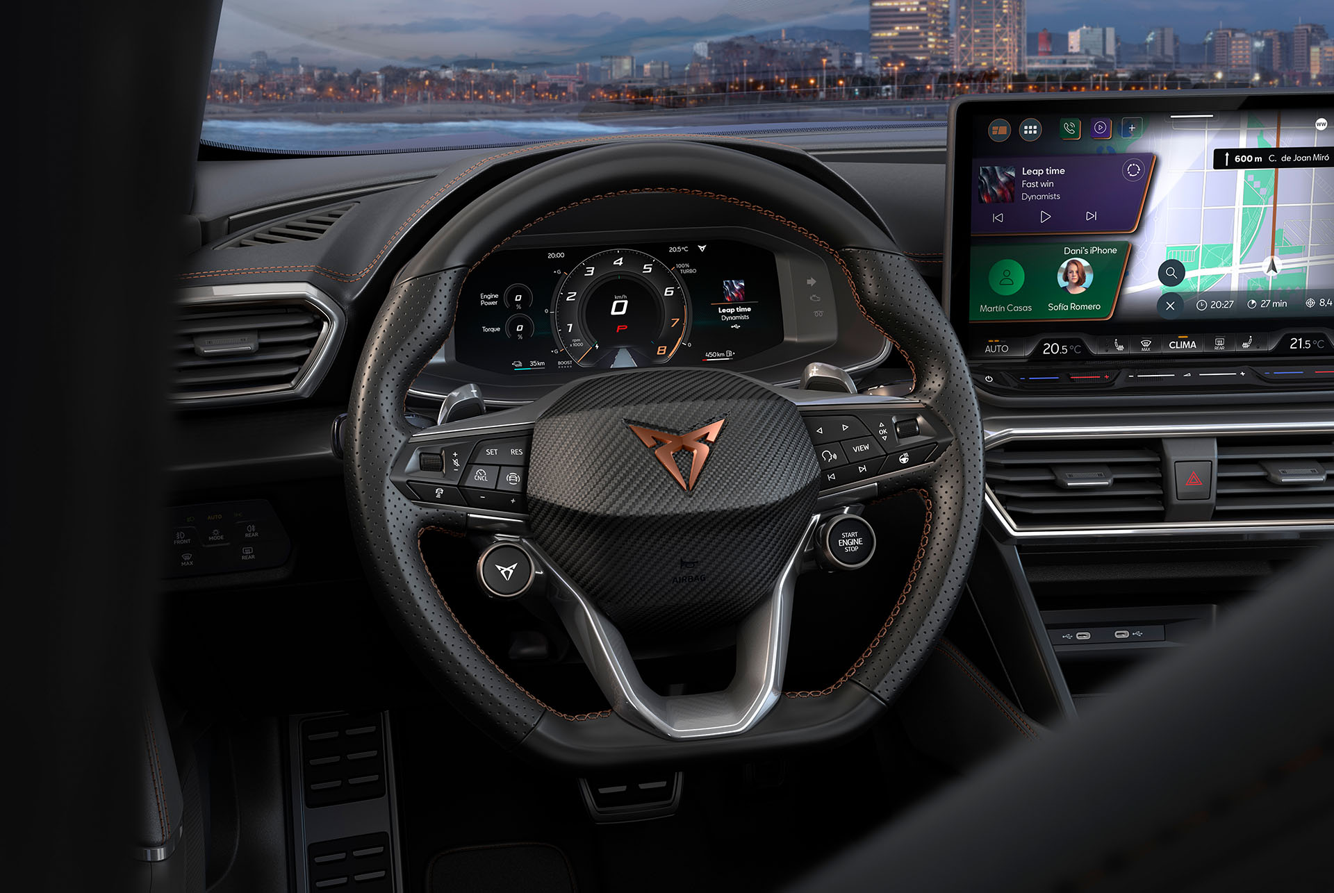 Close up of new CUPRA Formentor 2025 dynamic display, copper logo, adaptive cruise control, pre crash and lane keeping system. Includes intelligent park assist, drowsiness assist, side assist, speed limiter and a top view camera.