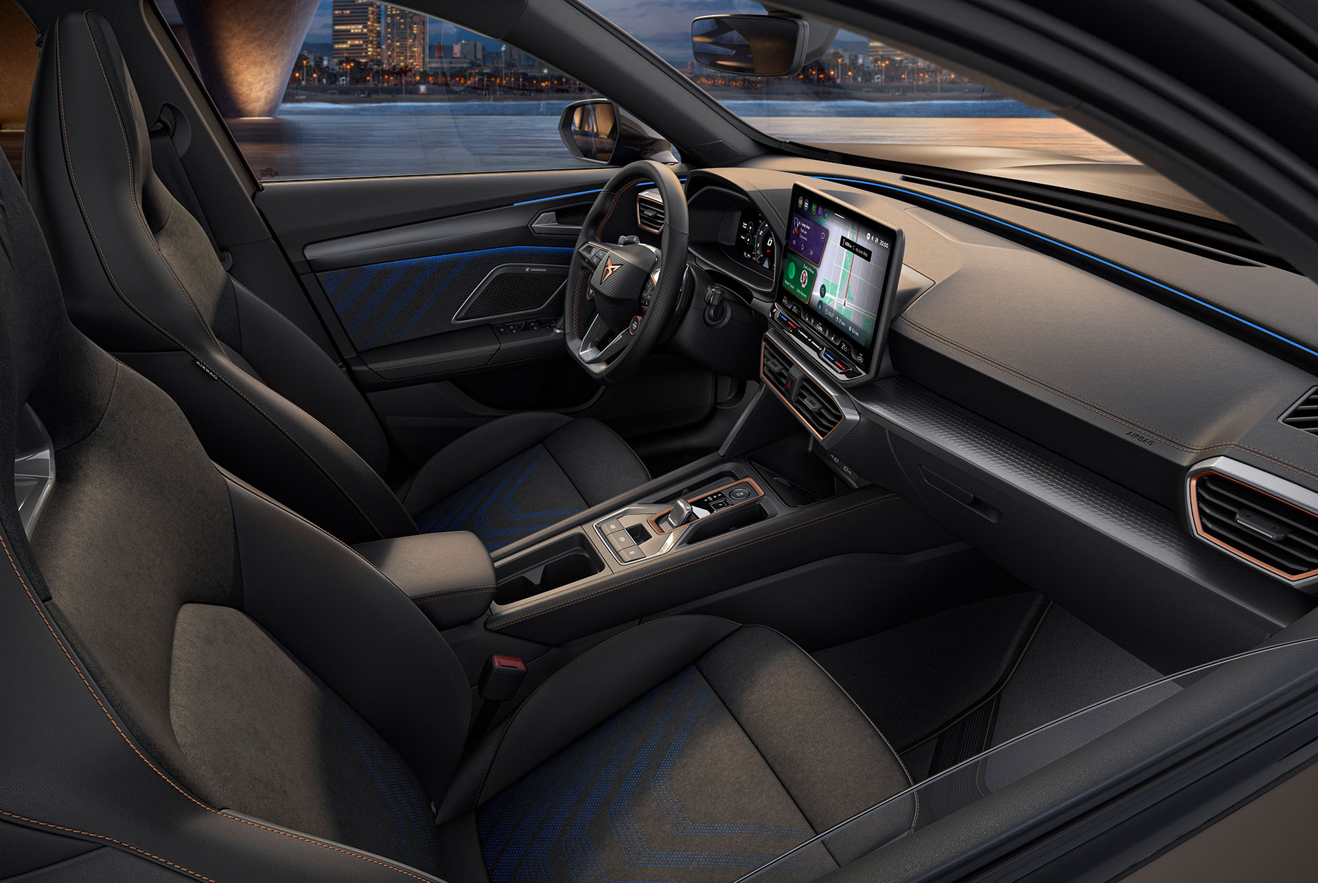 new cupra formentor 2025 dynamic interior design, black and blue seats with geometric stitching, advanced dashboard with multimedia touchscreen and ambient lighting, against a backdrop of a city skyline at night.