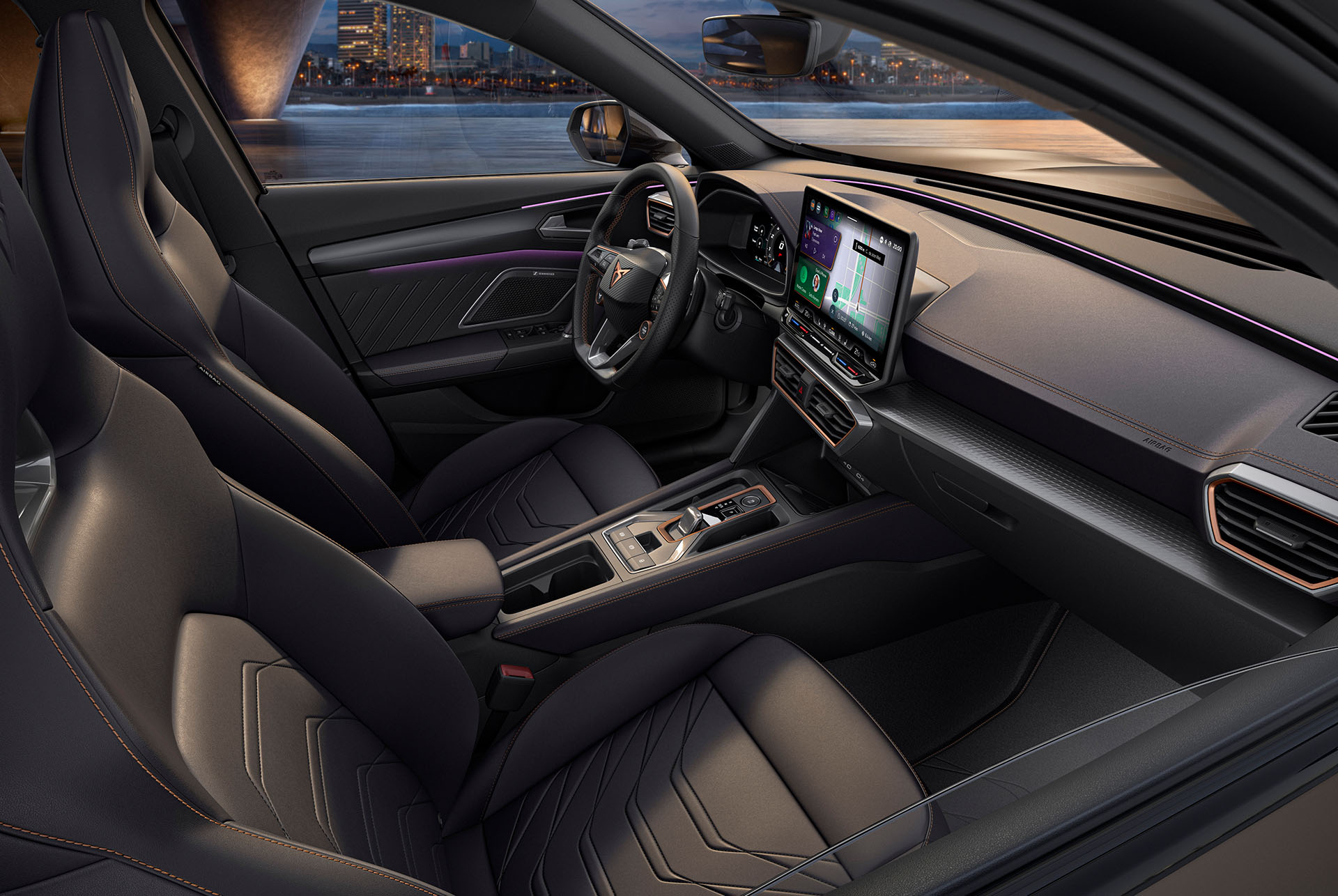 Interior view of a new CUPRA Formentor 2025 progressive interior design, central console, sporty seats, detailed stitching, a multifunctional steering wheel, large infotainment screens and a sleek dashboard design.