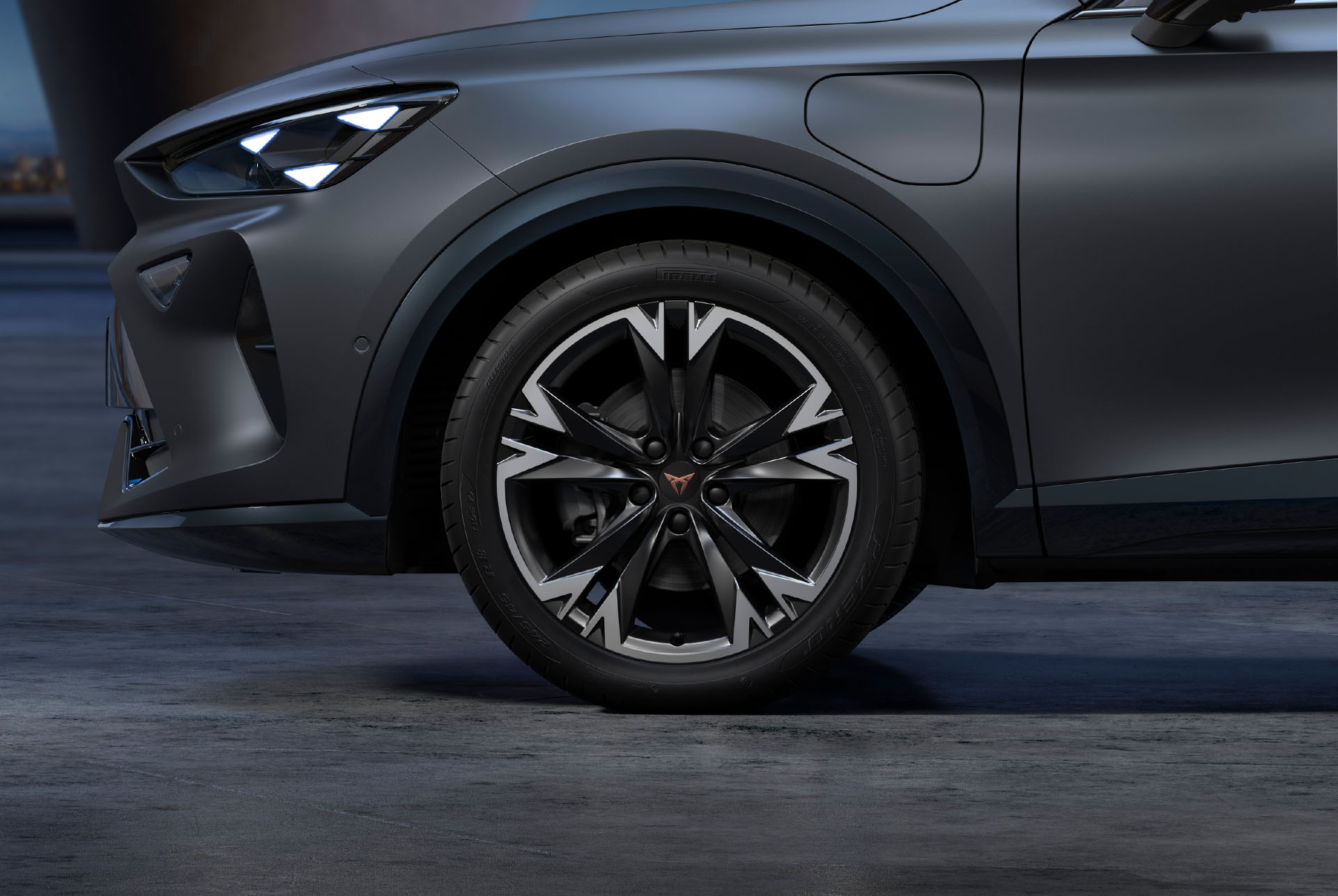 New sonora black and silver CUPRA Formentor 2025 car wheels, alloys and tyres with logo in the middle, LED headlights.