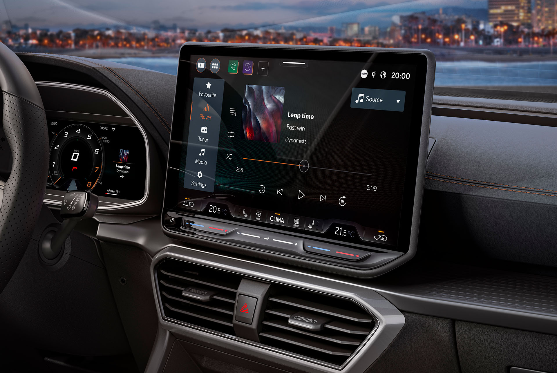 Interior view of a new CUPRA Formentor 2025 featuring a leather steering wheel, an infotainment system showing media and climate control settings and a dashboard with cityscape in the background at dusk.