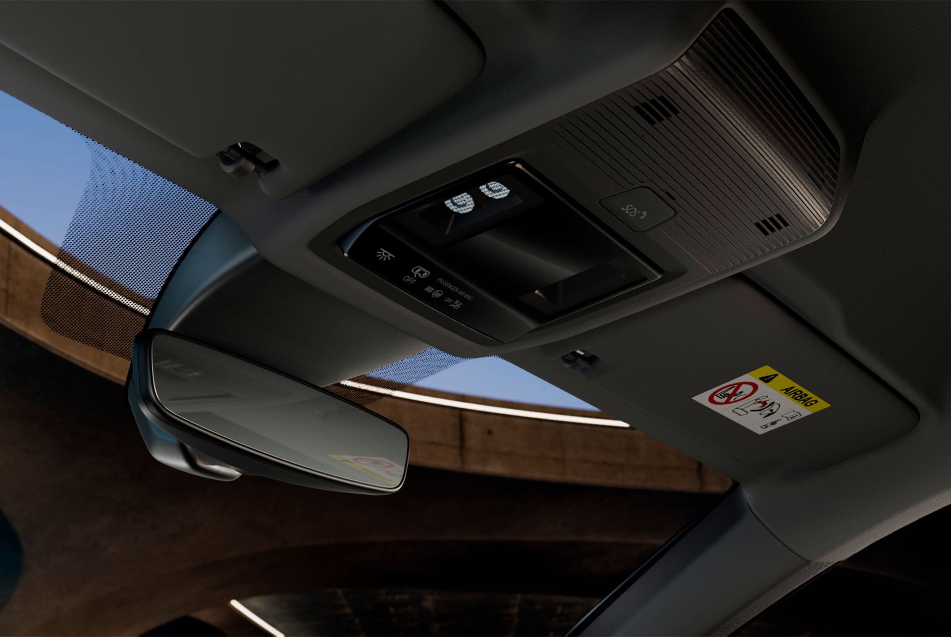 Interior view of a new CUPRA Formentor 2025 car showing the overhead console with a wing mirror, LED car cabin lights, various controls and CUPRA connectivity features, including an SOS emergency button.