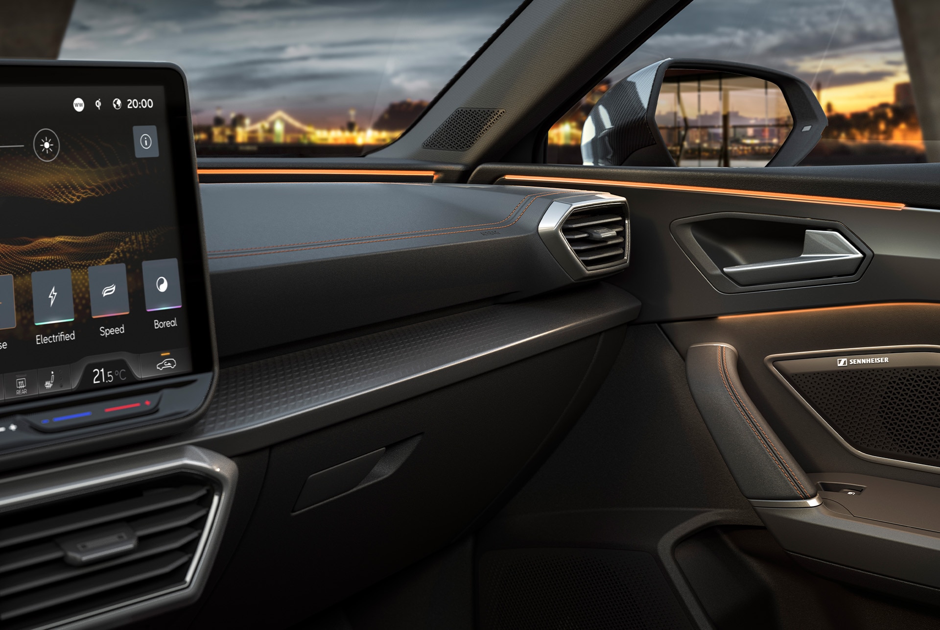 Cupra Leon Sportstourer edge equipment upgrade technology, ambient lighting and infotainment system. Keyless advanced, anti-theft system and a rear view camera.