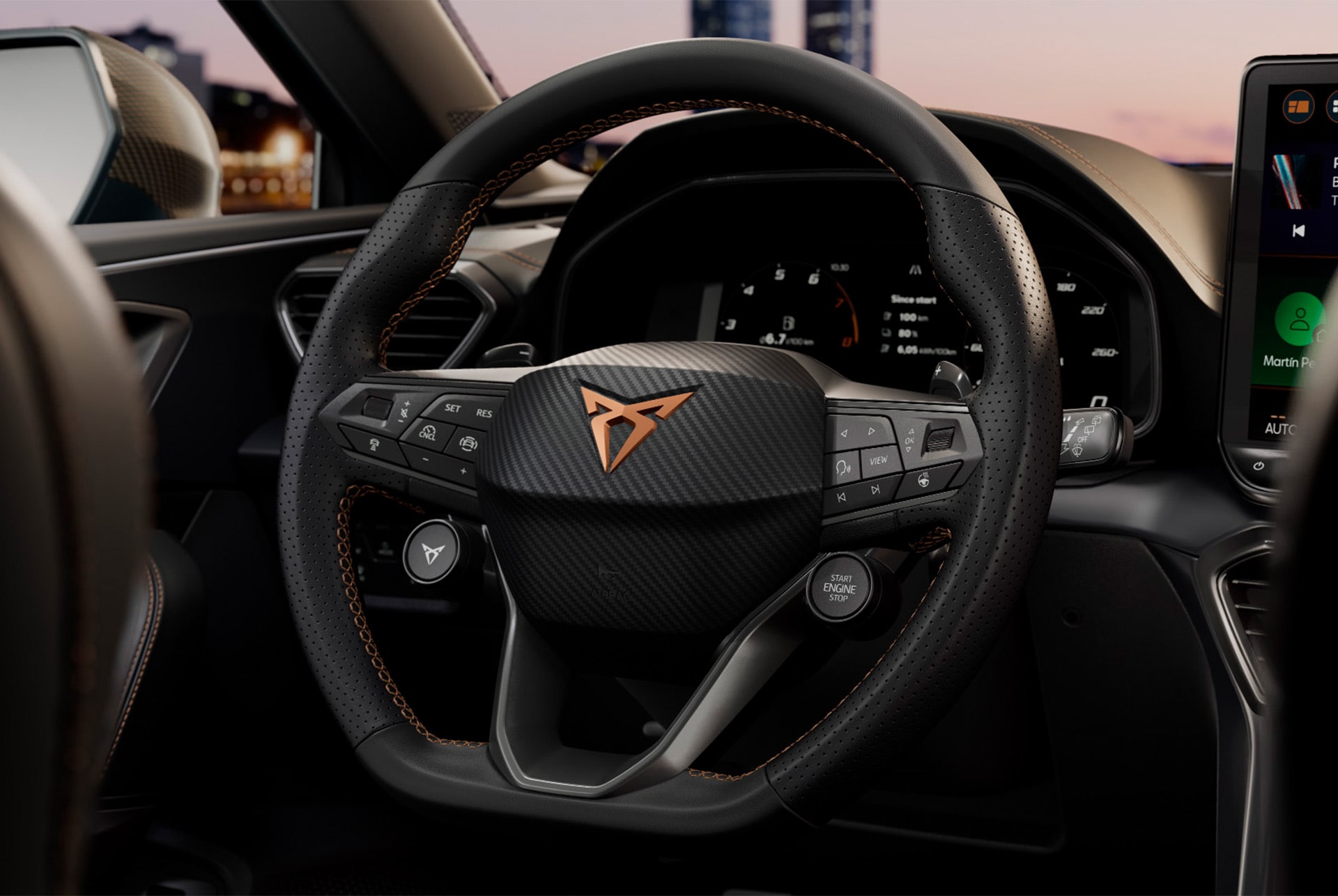 cupra leon sportstourer, steering wheel with satelite controls,  safety tech advanced assistance systems, adaptive cruise control, lane keeping and live dynamic road sign display.