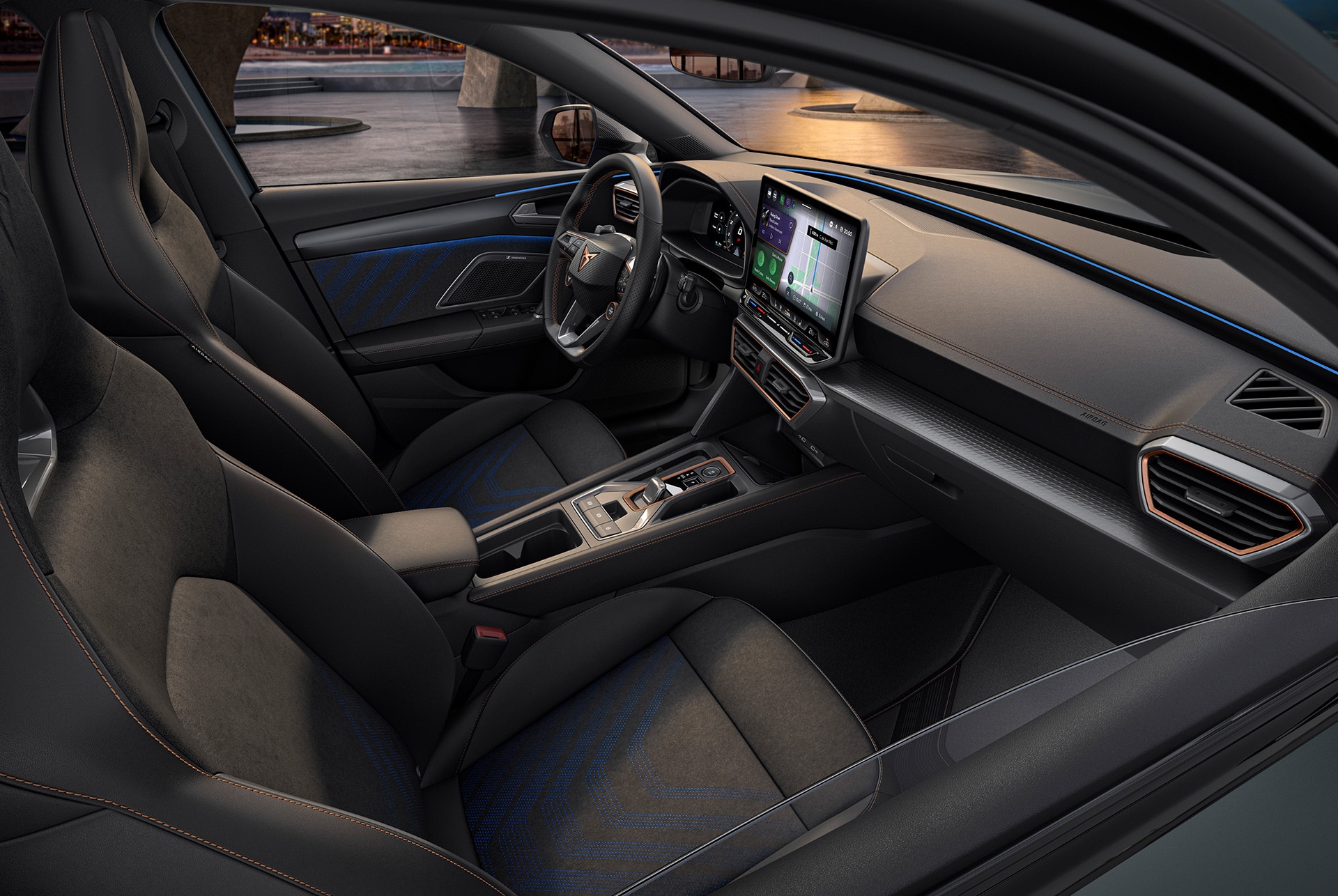 cupra leon sportstourer dynamic interior design, bucket seats made from recycled vegan microfibre material, electric memory functions and heating settings.