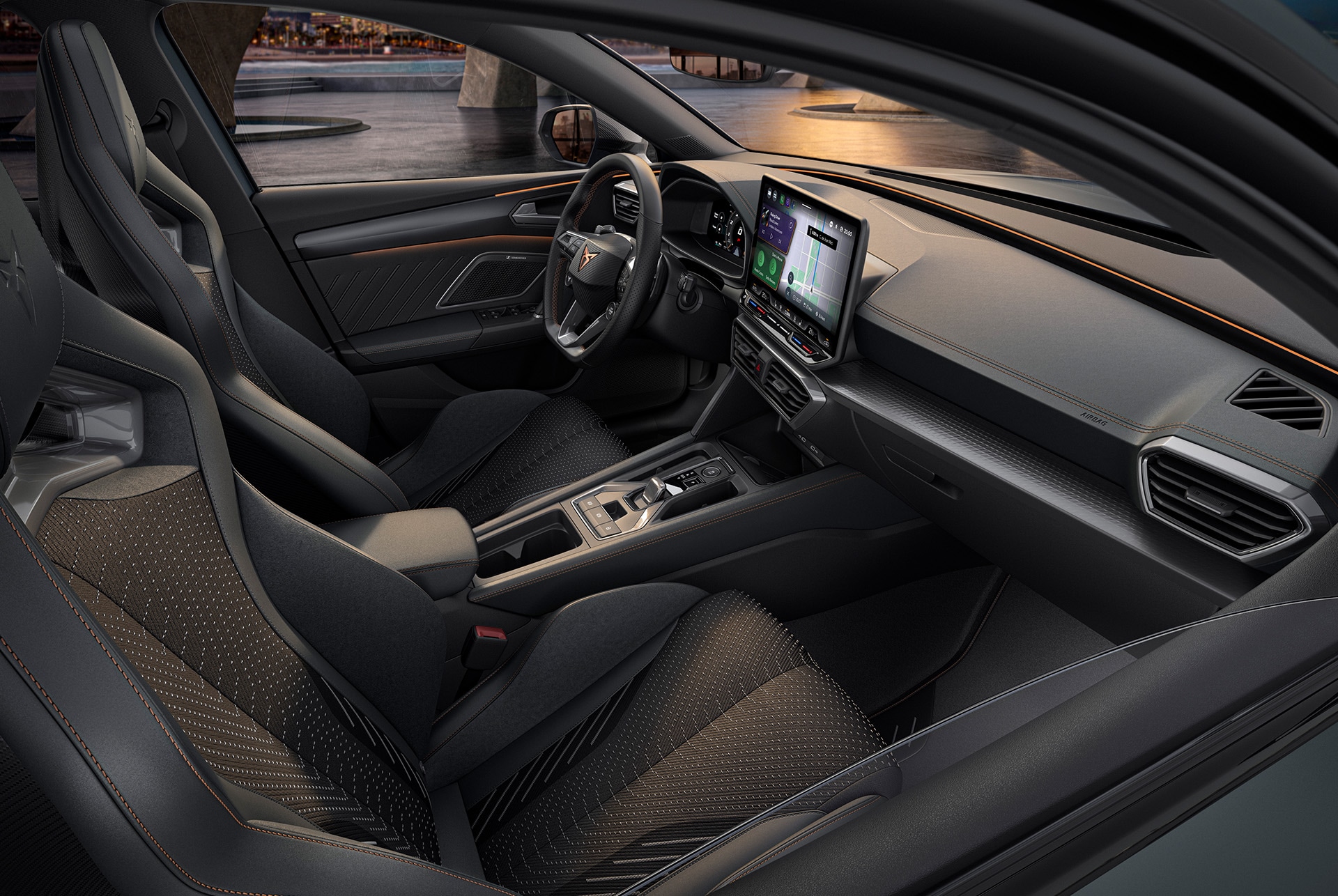 cupra leon sportstourer extreme interior design, sporty cup bucket seats with heating and electric, with memory settings for both driver and front seat passenger.