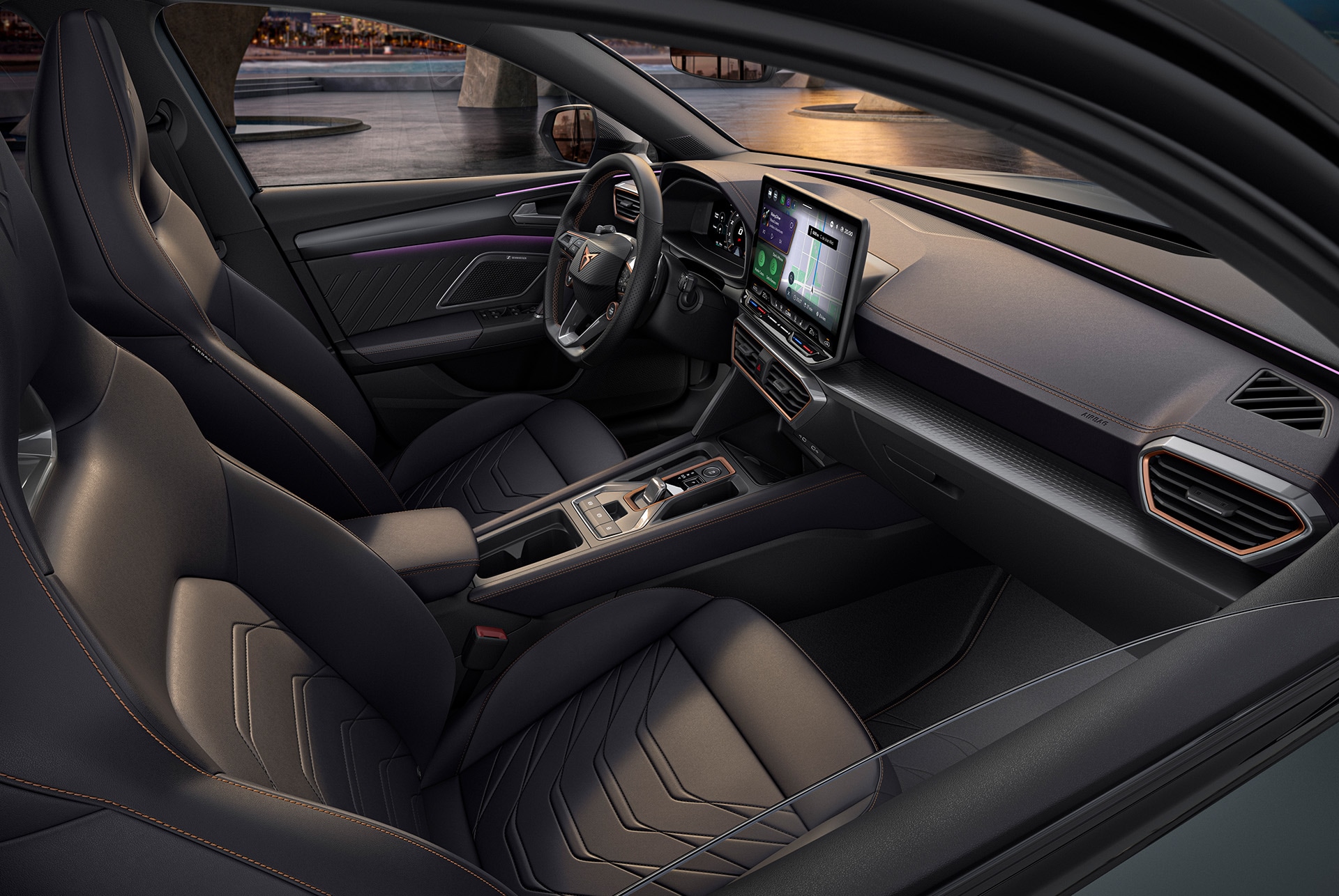 cupra leon sportstourer progressive interior design, bucket seats metallised leather seats with heating and electric with memory settings for the driver and front-seat passenger.