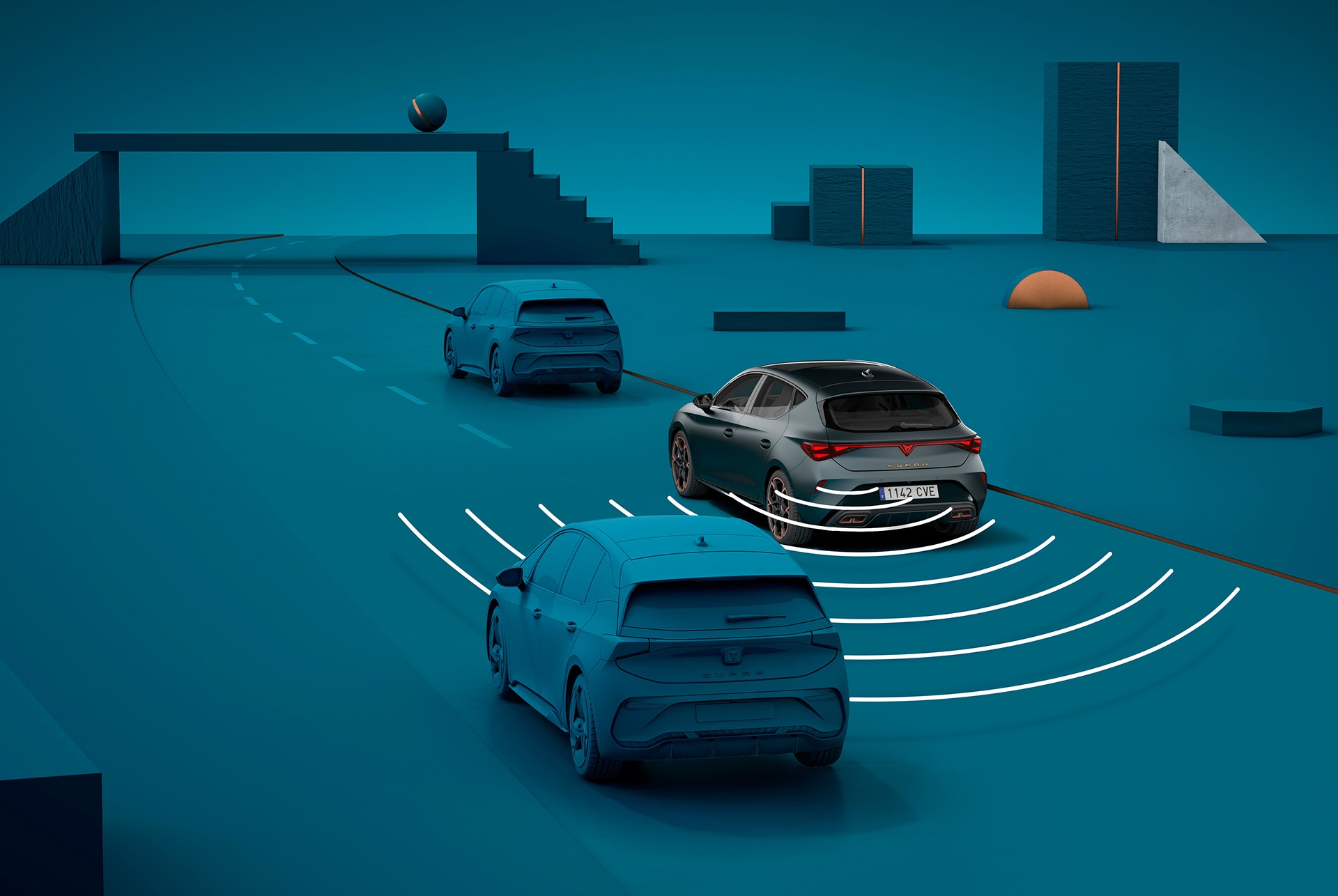 how to use cupra leon sportstourer exit warning system, visual demo with shapes and blue background
