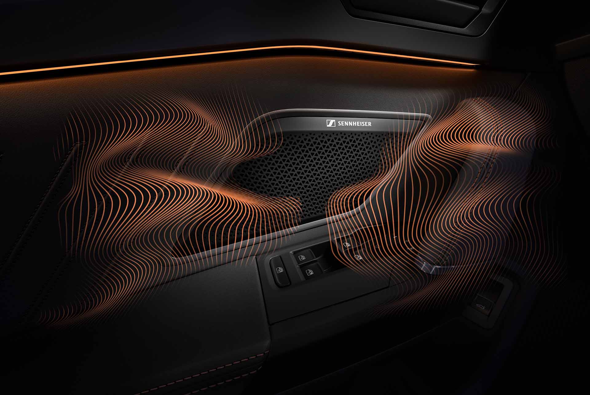 cupra leon sportstourer immersive by sennheiser equipment upgrade technology. close up of sennheiser speaker on cupra leon sportstourer door panel, sound waves and ambient lighting.